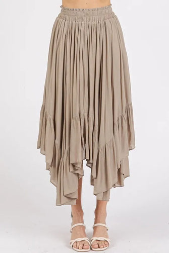 Beige Handkerchief Hem Elastic Waist Midi Skirt Mocha