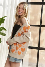 Beige heart sweater cardigan with orange hearts and Adora button closure