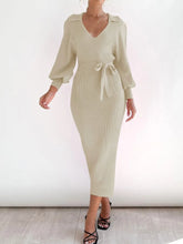 Beige Knit Midi Dress with Tie Waist Cream