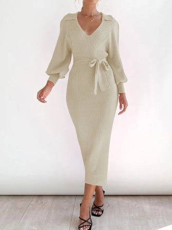 Beige Knit Midi Dress with Tie Waist Cream
