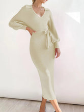Beige Knit Midi Dress with Tie Waist