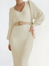 Beige Knit Midi Dress with Tie Waist