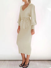 Beige Knit Midi Dress with Tie Waist