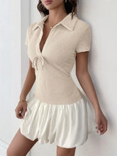 Beige Knit Polo Mini Dress with Bubble Skirt Casual Dresses