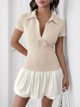 Beige Knit Polo Mini Dress with Bubble Skirt Casual Dresses