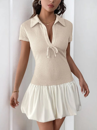 Beige Knit Polo Mini Dress with Bubble Skirt Tan