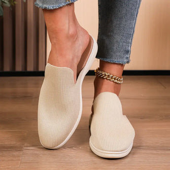 Beige Knit Slip-On Loafers for Women Eggshell Woman Loafers