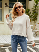Beige Knit Sweater with Stretchy Material and Long Sleeve Length