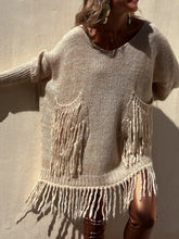Beige Knitted Fringe Poncho with Long Sleeve Length Camel