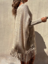Beige Knitted Fringe Poncho with Long Sleeve Length