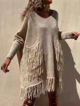 Beige Knitted Fringe Poncho with Long Sleeve Length Sweater Pullovers