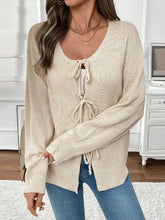Beige lace-up balloon sleeve knitted sweater