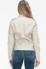 Beige PU Leather Biker Jacket with Side Zip Pockets for Women
