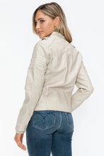 Beige PU Leather Biker Jacket with Side Zip Pockets for Women