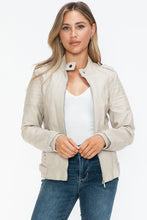 Beige PU Leather Biker Jacket with Side Zip Pockets for Women