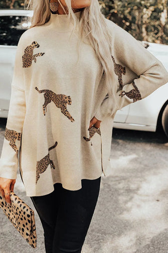 Beige Leopard Print Sweater Long Sleeve Pullover Cream