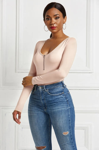 Beige Long Sleeve Bodysuit with Zipper for Women Beige