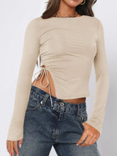 Beige Long Sleeve Crop Top with Side Tie Dust Storm