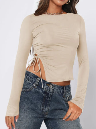 Beige Long Sleeve Crop Top with Side Tie Dust Storm