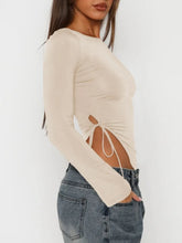 Beige Long Sleeve Crop Top with Side Tie