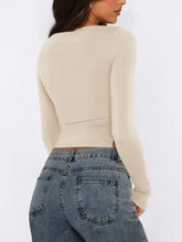 Beige Long Sleeve Crop Top with Side Tie Woman T Shirts