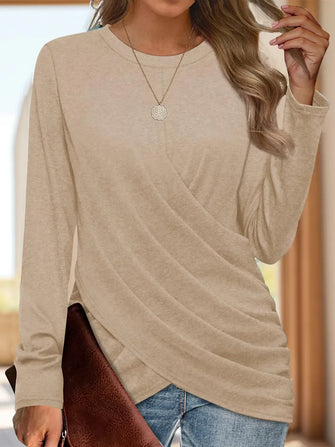 Beige Long Sleeve Crossover Top for Women Tan