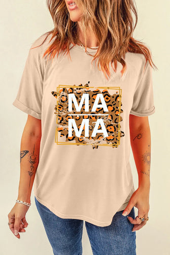 Beige Mama Leopard Print Graphic T Shirt for Women Tan