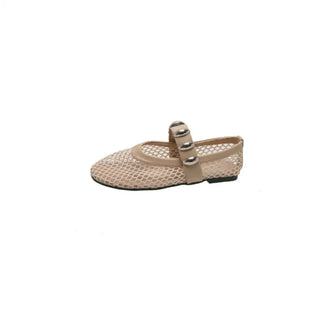 Beige Mesh Mary Jane Flats with Silver Accents for Women Apricot Woman Loafers