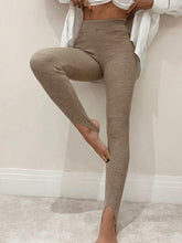 Beige Mid Waist Ribbed Stirrup Leggings for Women Camel