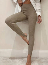 Beige Mid Waist Ribbed Stirrup Leggings for Women