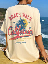 Beige Oversized Beach Walk California Graphic T-Shirt for Women Tan