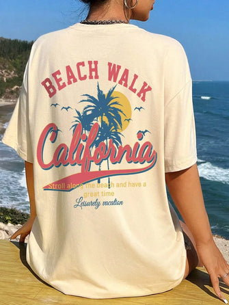 Beige Oversized Beach Walk California Graphic T-Shirt for Women Tan