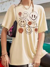 Beige Oversized T-Shirt with Smiley Face Graphics for Women Tan