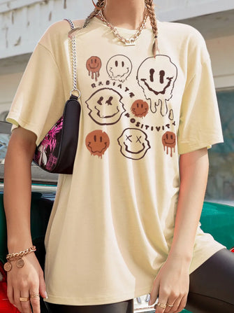 Beige Oversized T-Shirt with Smiley Face Graphics for Women Tan