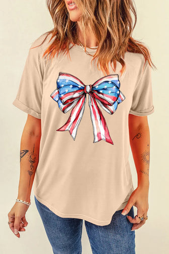 Beige Patriotic Bow T-Shirt for Women Eggshell