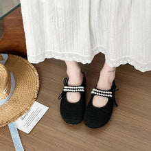 Beige Pearl-Strapped Mary Jane Knitted Loafers for Women Black