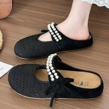 Beige Pearl-Strapped Mary Jane Knitted Loafers for Women