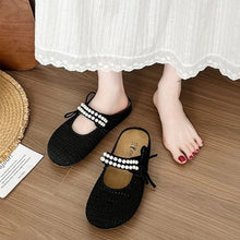 Beige Pearl-Strapped Mary Jane Knitted Loafers for Women