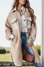 Beige teddy bear coat with plaid pockets and button-down front