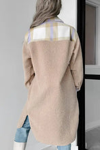 Beige teddy bear coat with plaid patchwork and oversized fit