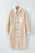Beige plaid pocketed long-sleeve shirt dress with button-down front