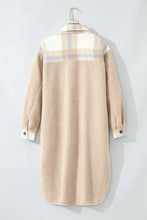 Beige plaid wool teddy bear coat with buttoned cuffs and collar