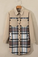 Beige plaid shirt dress with long sleeves, button down, machine wash cold