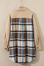 Beige plaid shirt dress with long sleeves, checkered pattern, machine wash cold