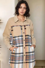 Beige plaid shirt dress, long sleeve button down, machine wash cold