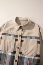 Beige plaid shirt dress with long sleeves, button-down front, machine wash cold