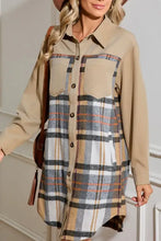 Beige plaid shirt dress with multicolored stripes, long sleeve, button down, machine wash cold
