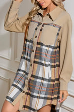 Beige plaid shirt dress with long sleeves, button-down front, machine wash cold