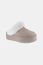 Light beige platform snow slippers with white faux fur trim, 2-inch heel height