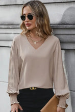Perfee pleated lantern sleeve blouse with V-neck and lace cuffs